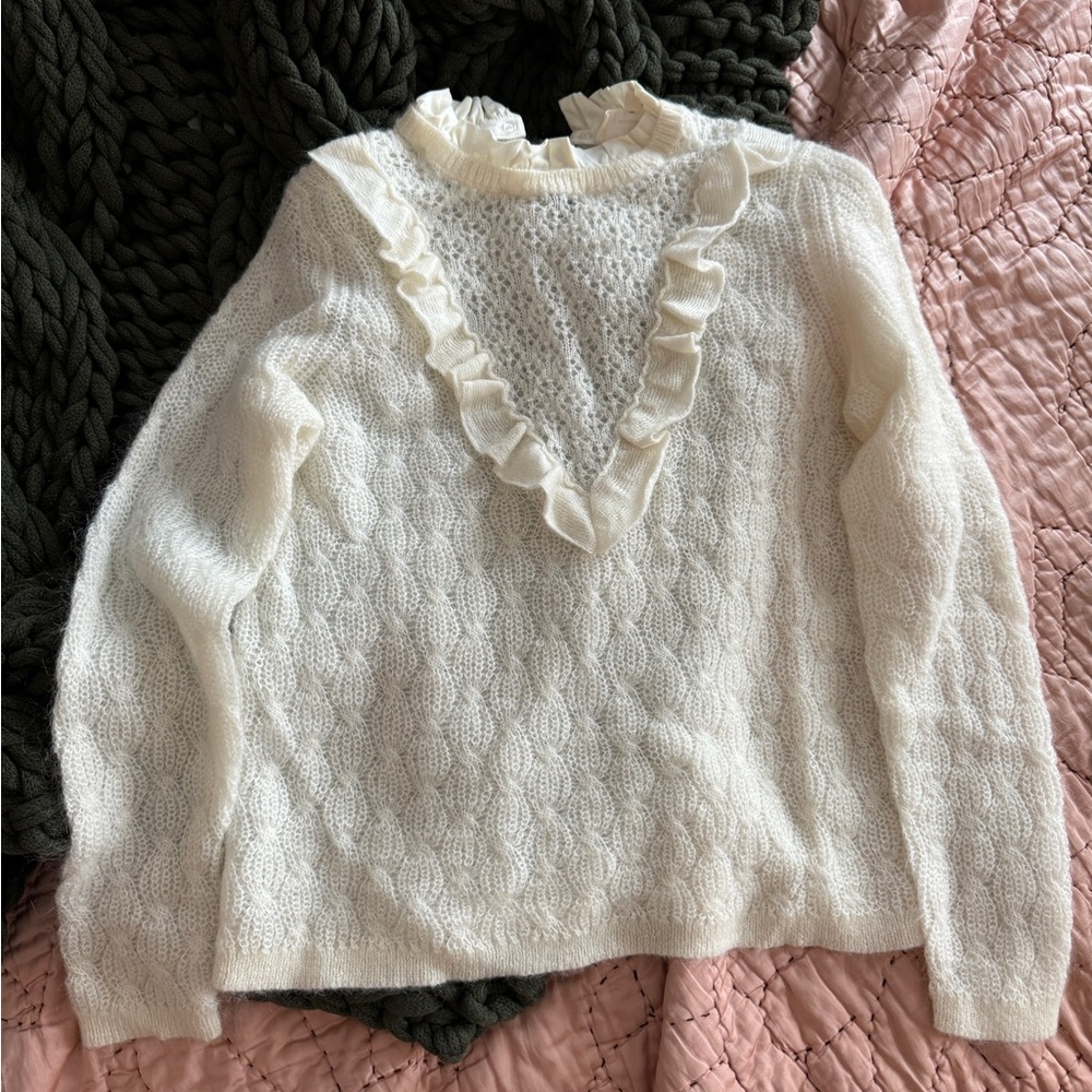 Sezane Cream Ruffle Sweater